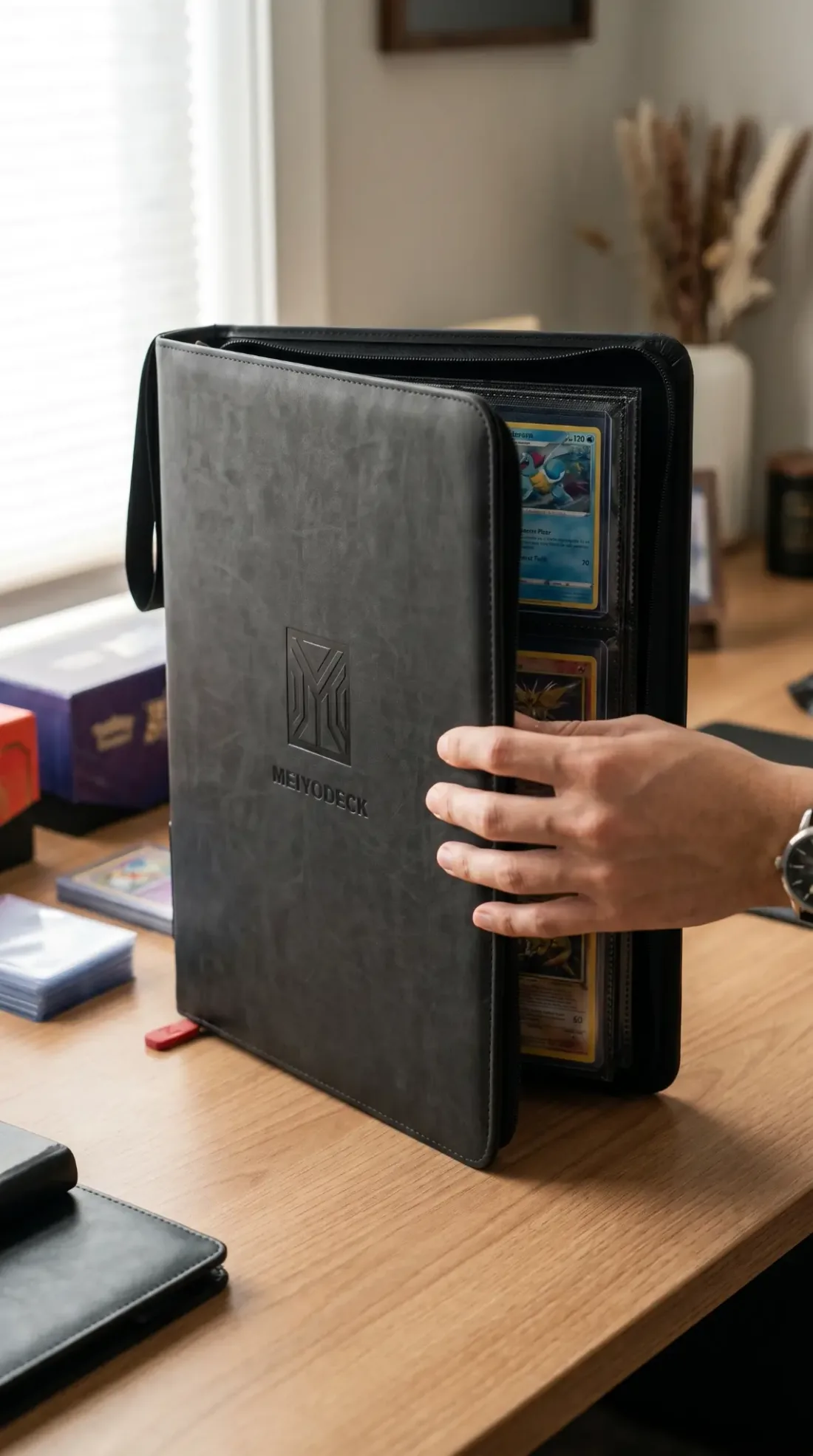 A hand holding a standing Meiyodeck top loader binder with the embossed logo on the cover and cards in the open pages