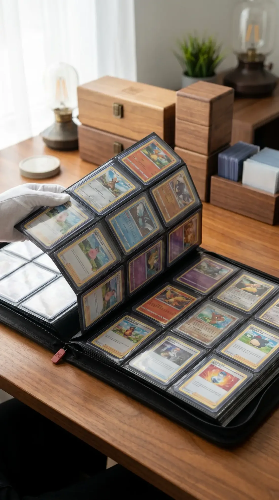 A white-gloved hand turning a page of a Meiyodeck top loader binder filled with carded trading cards