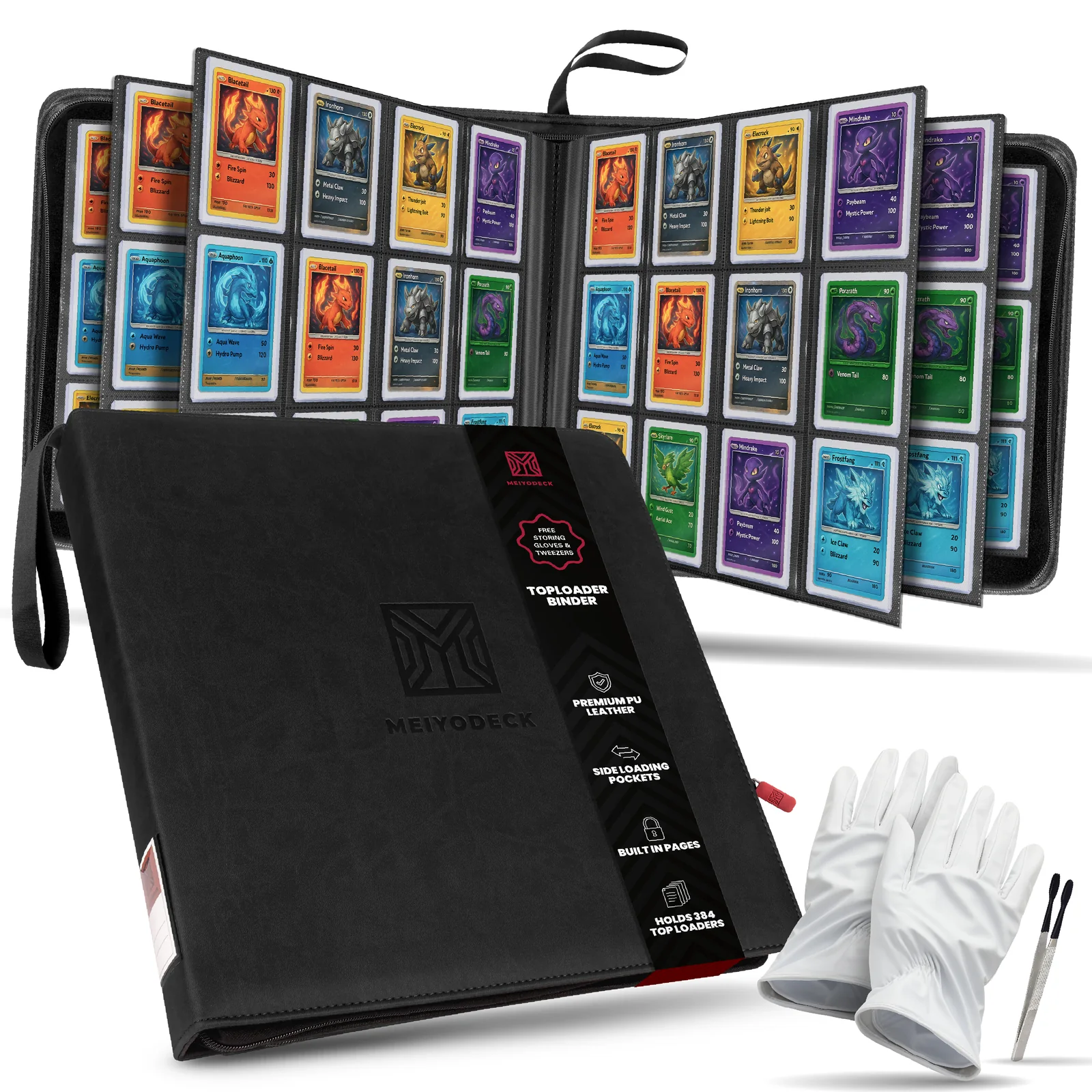 Meiyodeck 12-Pocket Top Loader Binder in black PU leather