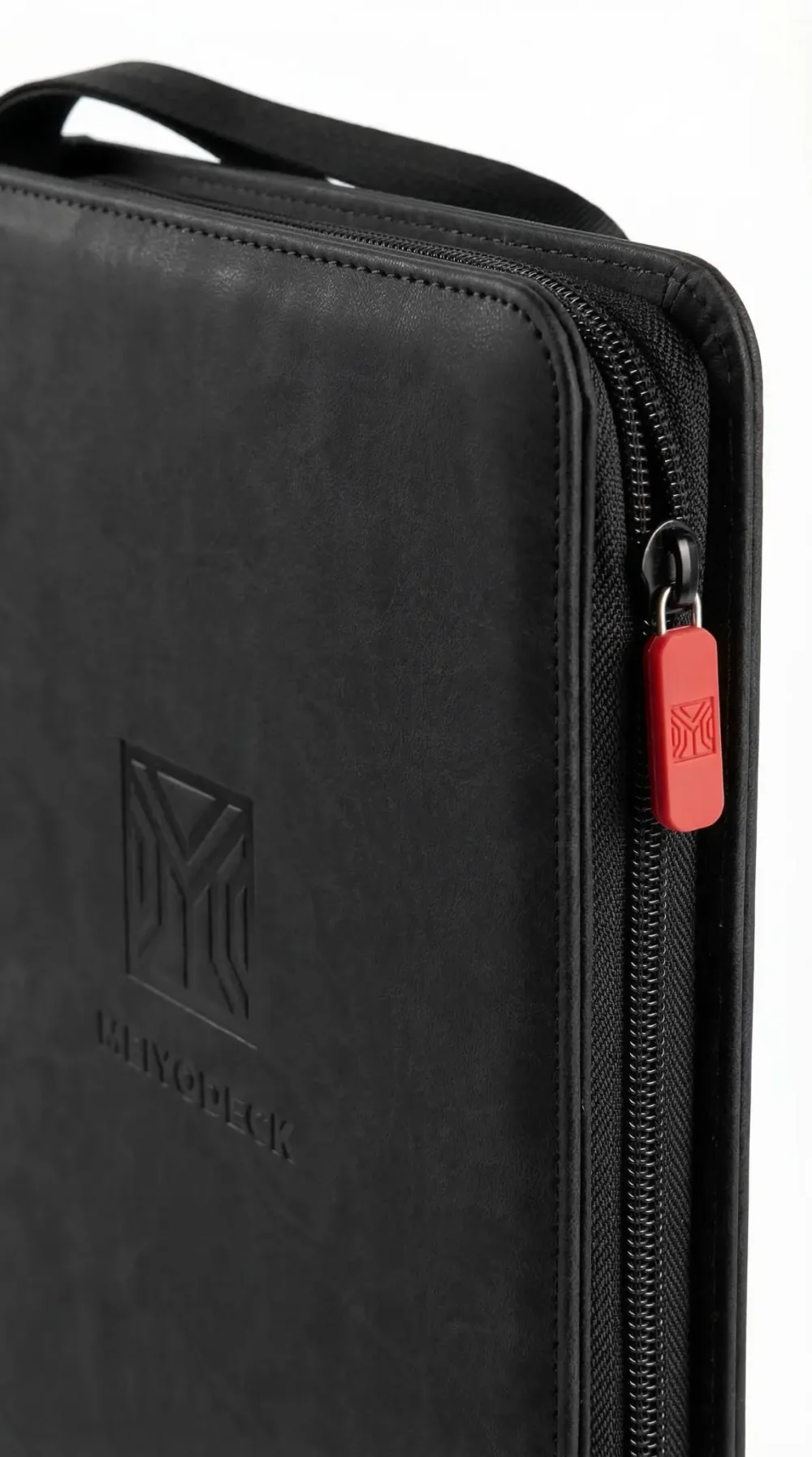 Close-up of the PU leather grain and branded zipper pull