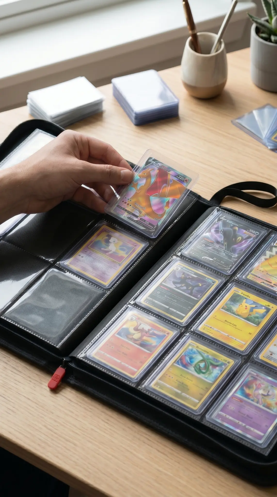 Collector carefully placing a Pokémon card into a Meiyodeck binder