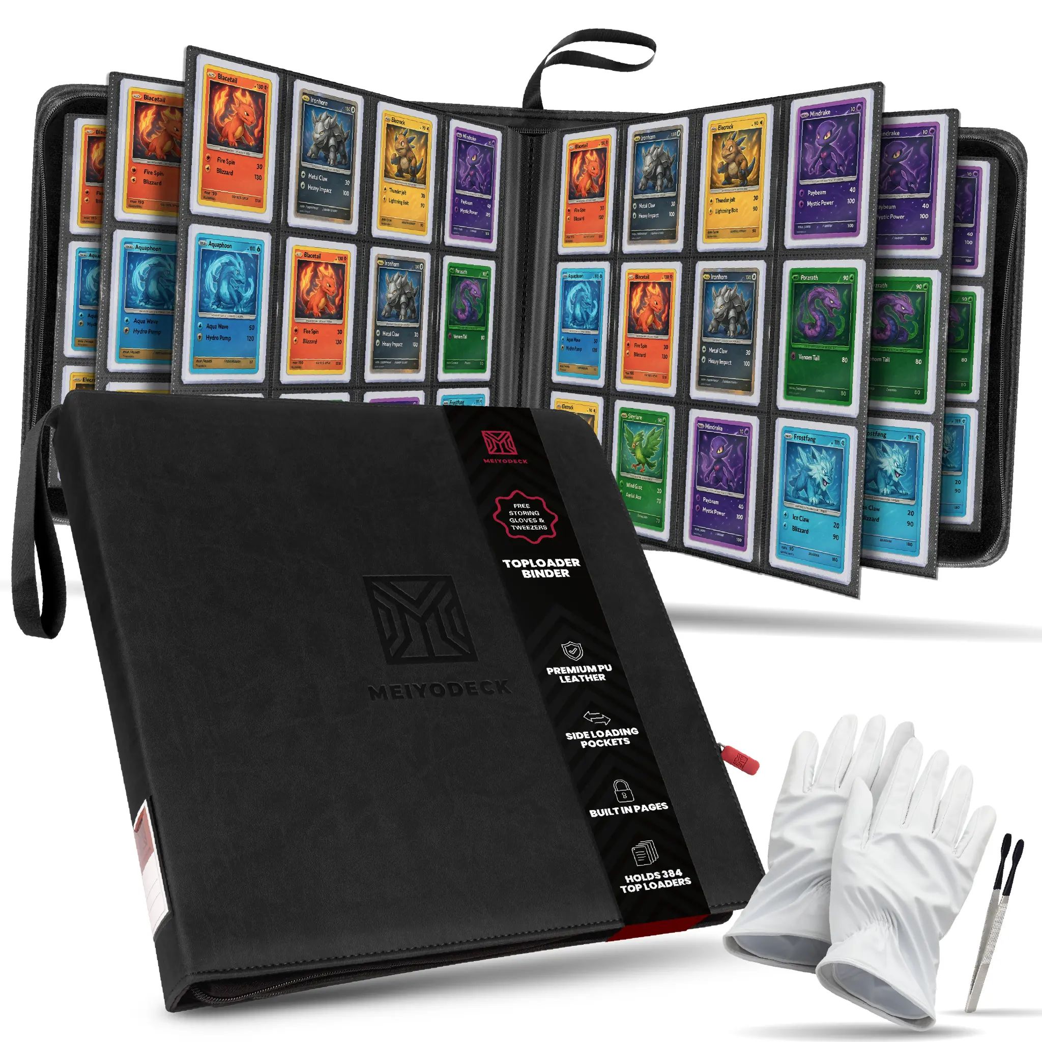 Meiyodeck 12-Pocket Binder — open with accessories